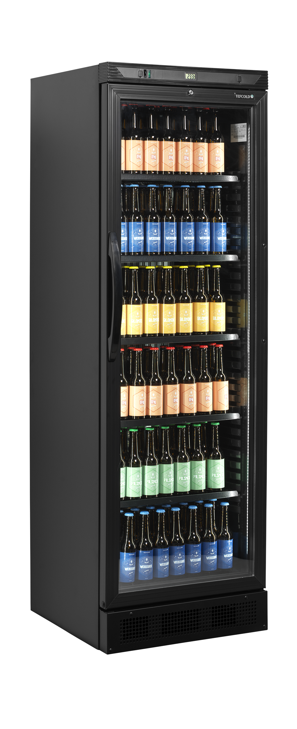 Armoire Frigorifique À Boissons Professionnelle CEV425 Noir Avec Porte Vitrée LED Et Tablettes Réglables