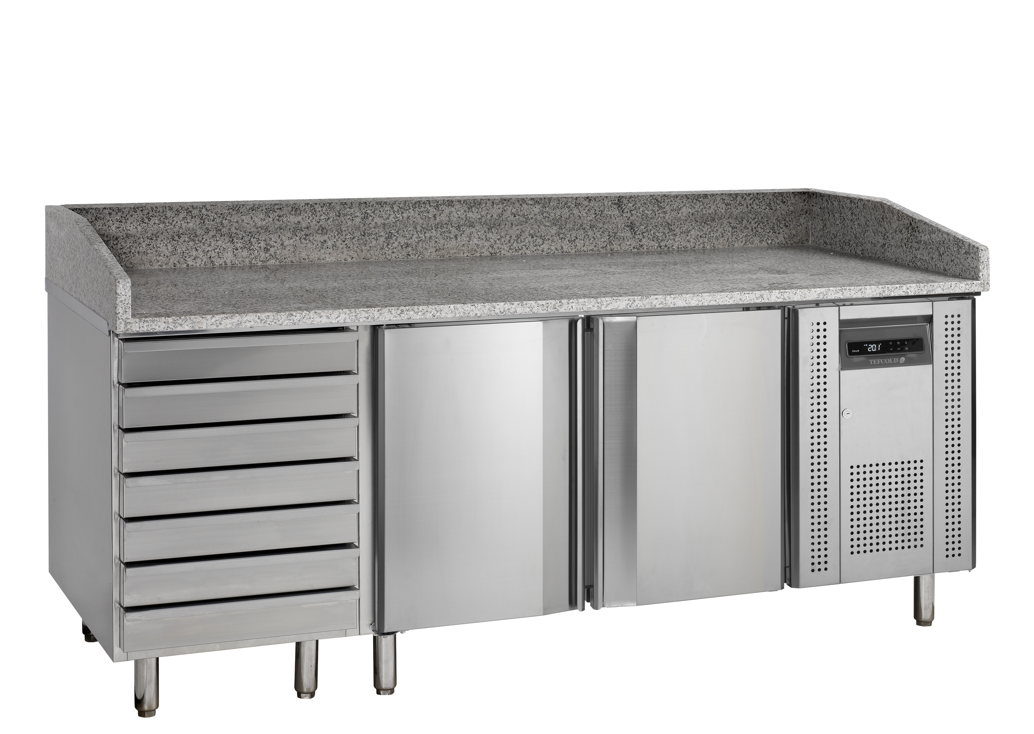 Table À Pizza PT1310 Meuble Professionnel PT En Acier Inox SS304 Avec Plan Granite Froid Pour Pâte 2 Portes