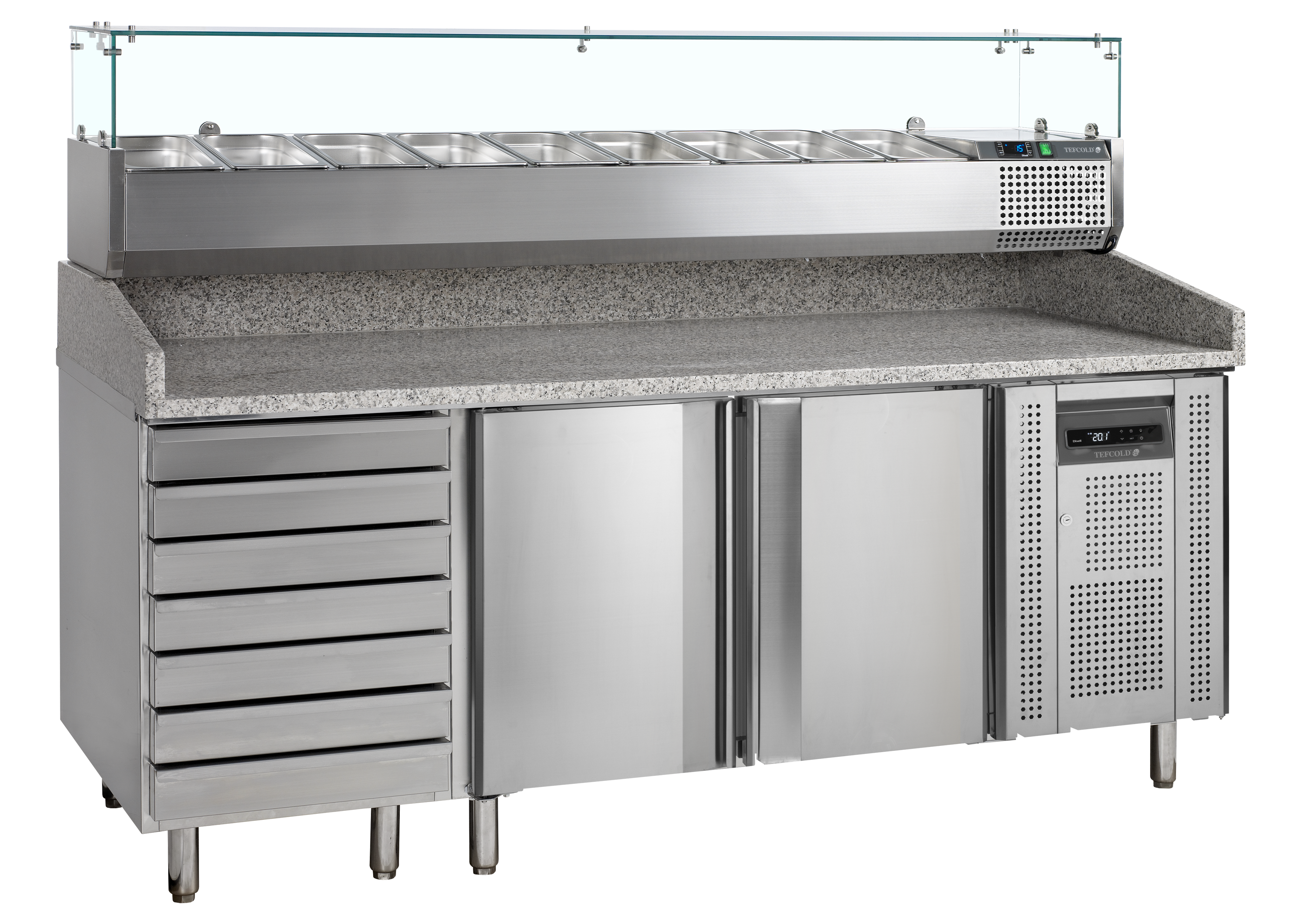 Table à Pizza Professionnelle PT1310 Avec Module Garniture VK38-200 - Acier Inox SS304, Plan Granite Froid